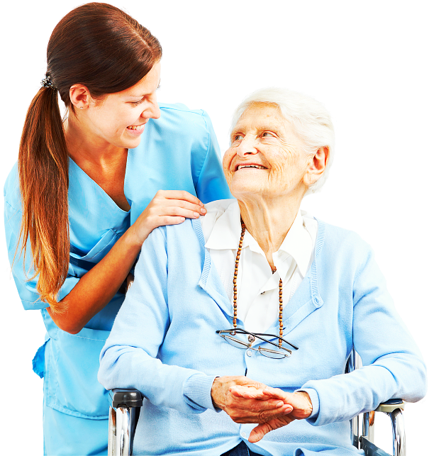 caregiver and old woman smiling to each other